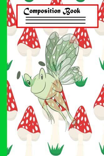 a green book cover with red and white mushrooms on it, the words composition book written in