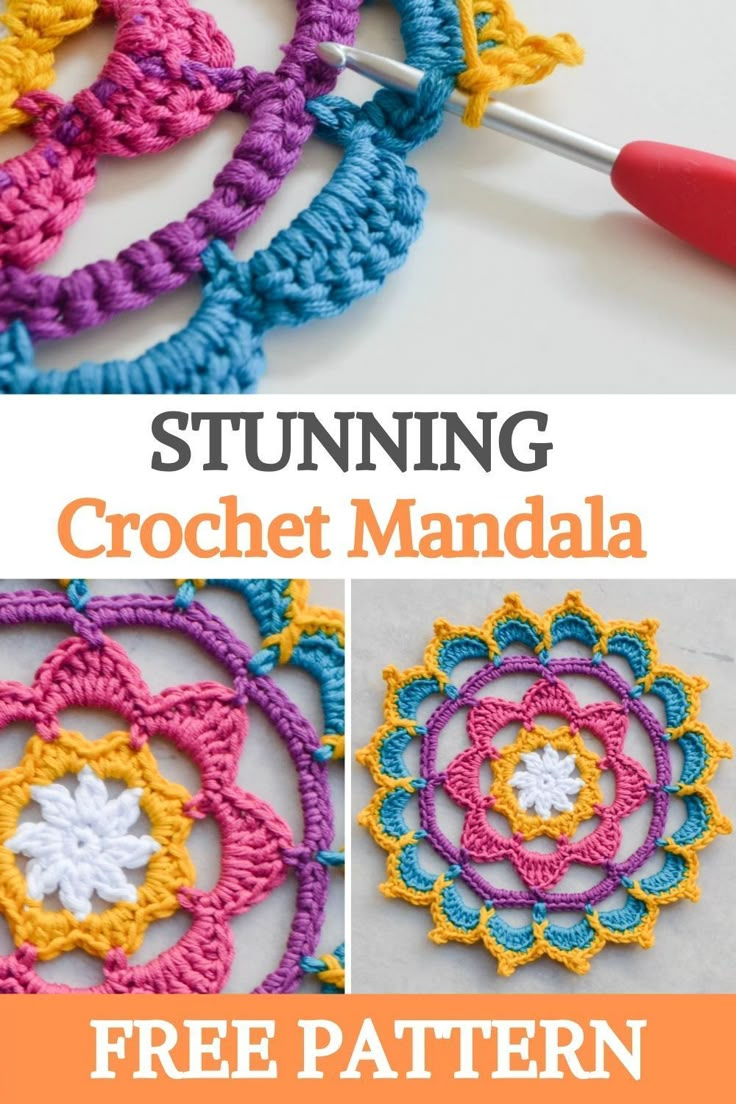 the crochet pattern is shown with text that reads,'stuing crochet mandala free pattern '