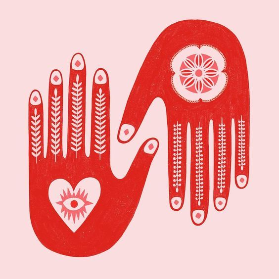 an illustration of a hand holding a comb with flowers on it and a heart in the middle