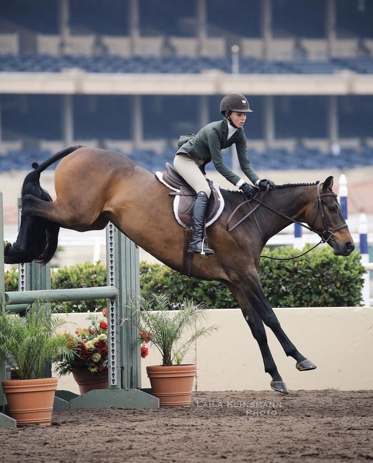 a woman riding on the back of a brown horse over an obstacle at a race track