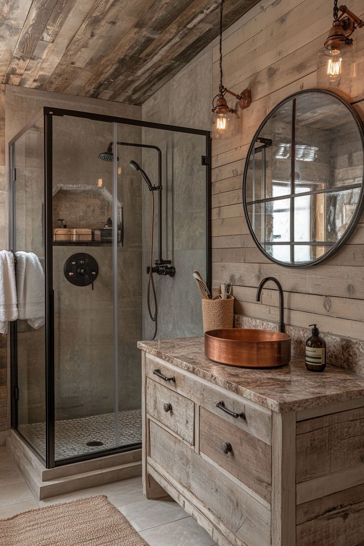 a bathroom with a sink, mirror and shower stall in the middle of the room