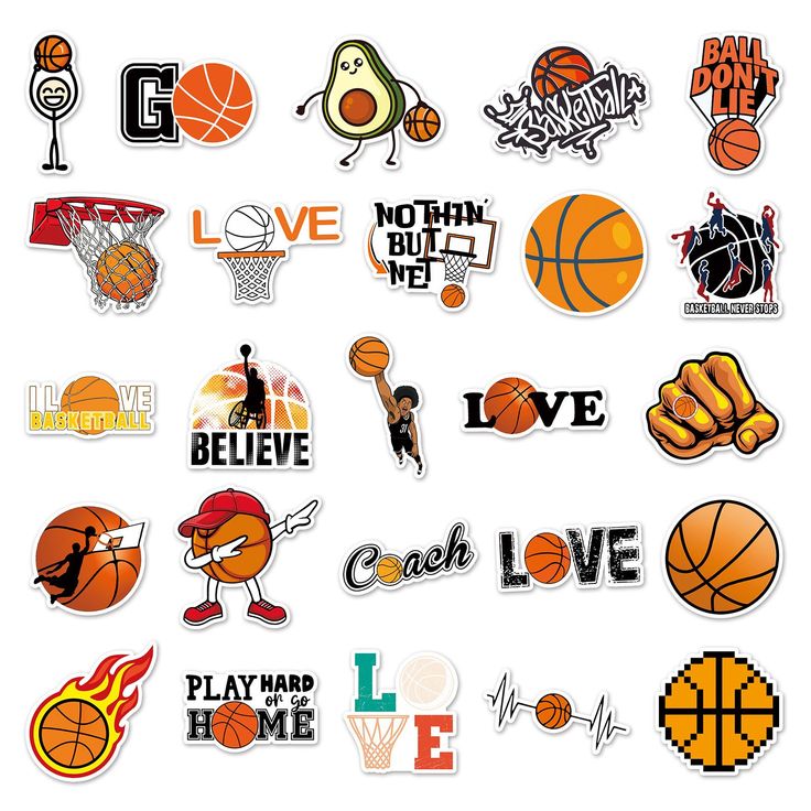 many different stickers that are on a white surface with the words love and basketball