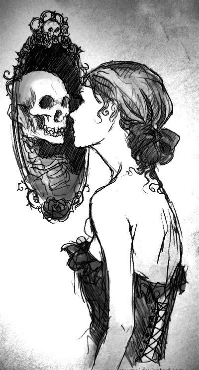 a drawing of a woman with a skull in her hair looking at herself in the mirror