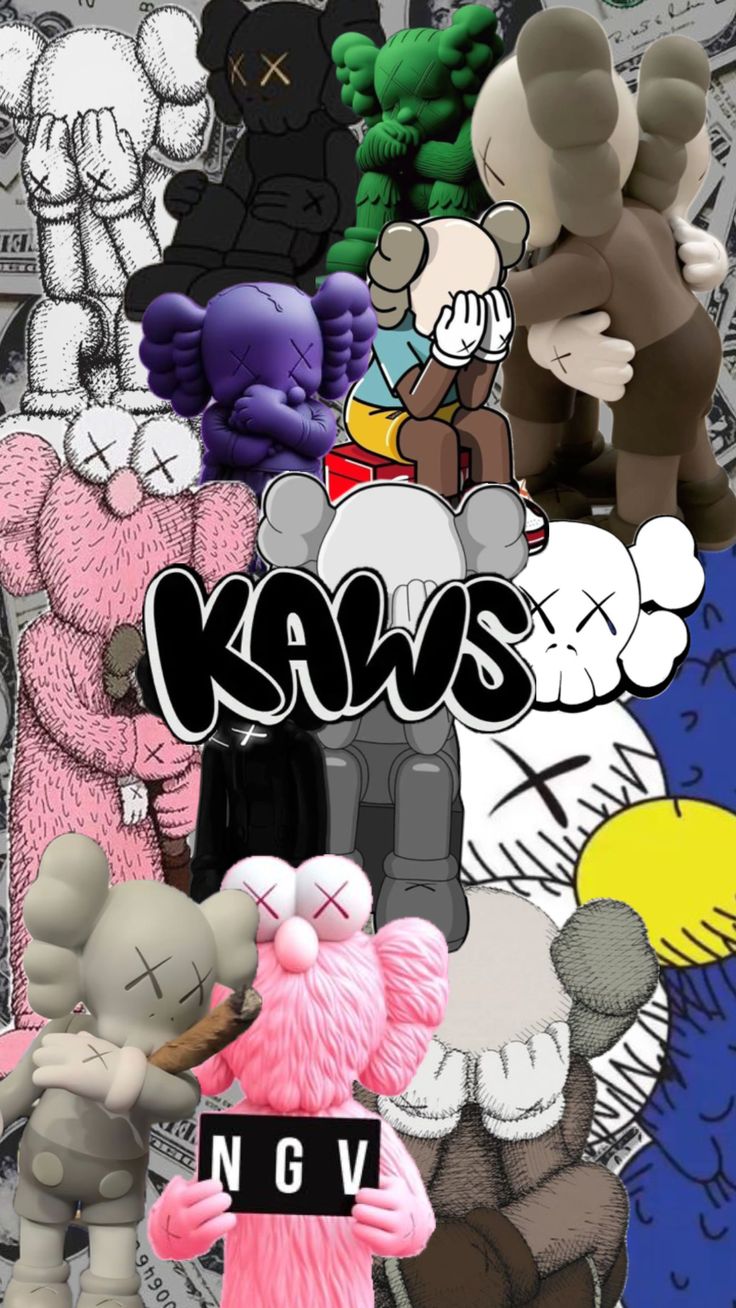 several cartoon characters are grouped together in this collage with the word kaws on it