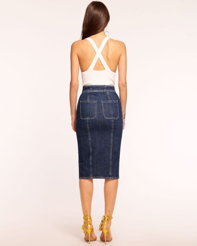 Marietta High-Waisted Denim Skirt in dark wash | Ramy Brook Chic Fitted Mini Denim Skirt, Chic Fitted Medium Wash Denim Skirt, Chic High Rise Denim Skirt For Spring, Chic Mid-rise Skirt For Spring, Chic Denim Mini Skirt, Chic High Waist Denim Blue Mini Skirt, Chic Fitted Medium Wash Skirt, Chic Fitted Dark Wash Denim Skirt, Chic Fitted Dark Wash Mini Skirt