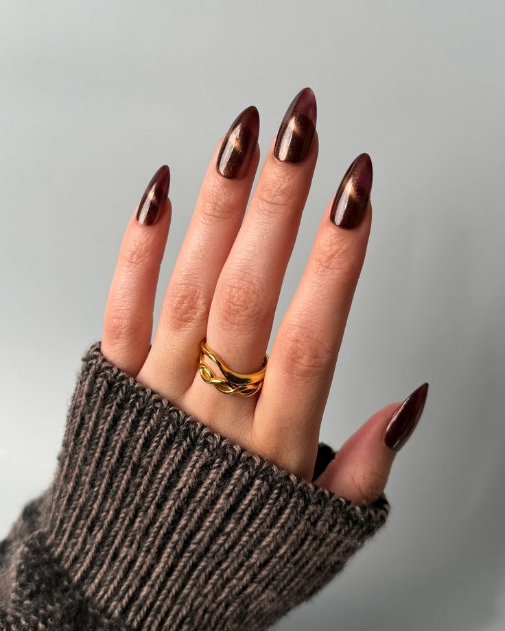 Lights Lacquer, Home for the Harvest 🧺 🐿️ Maple Street, a mahogany brown polish with a fine golden shimmer and magnetic finish • use code COLORNOOK to save on your purchase @lightslacquer • use code THECOLORNOOK to save on your purchase @nominal #lightslacquer #homefortheharvest #fallnails #fallnailcollection #nailpolishswatch #nailswatch #nailinspo #maplenails #brownnails #cateyenails #darknails #magneticnails magnetic cat eye brown maple nails golden shimmer Fall Magnetic Nails, Maple Nails, Brown Cat Eye Nails, Lights Lacquer, Brown Cat Eye, Hot Nail Designs, Brown Nail Polish, Golden Nails, Pointy Nails