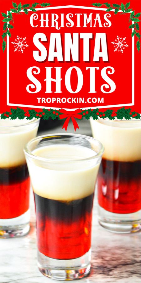 two shot glasses filled with christmas santa shots