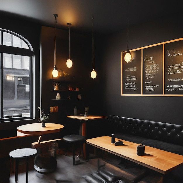 an empty restaurant with black walls and wooden tables in front of the window, along with chalkboard menus on the wall