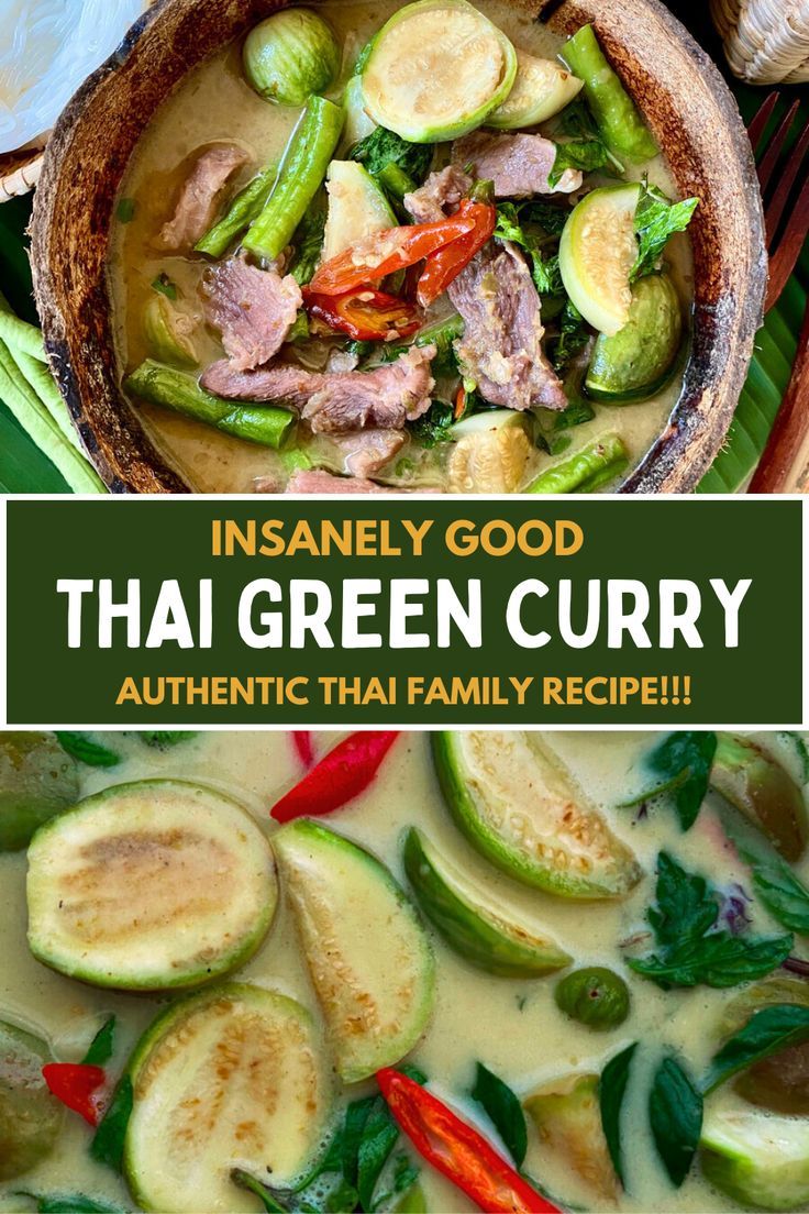 Thai green curry in a coconut shell and a close-up. Authentic Thai Green Curry, Curry Pork, Green Curry Sauce, Green Curry Recipes, Peanut Curry, Chickpea Curry Recipe, Curry Recipes Easy, Thai Green Curry, Indian Butter Chicken