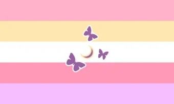 two butterflies flying in the air over a pink, yellow and white striped wallpaper