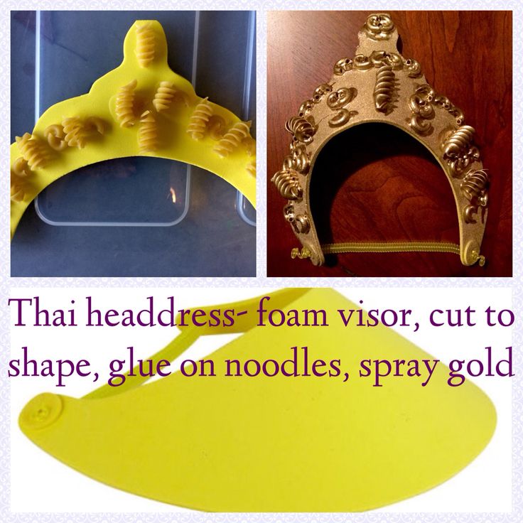 there are three different types of molds in this photo and the words that read, thai headdress form visor, cut to shape, glue, glue on nodles, sprayy gold