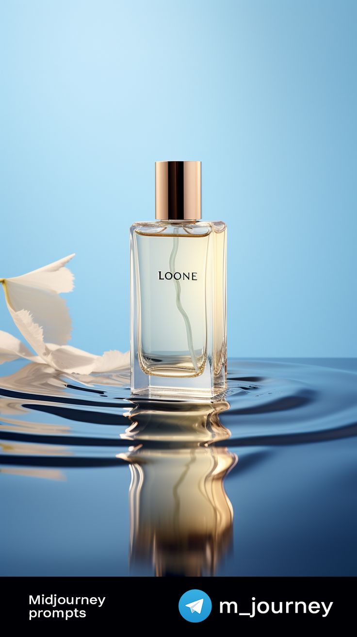 a bottle of cologne sitting on top of a blue surface next to a white flower