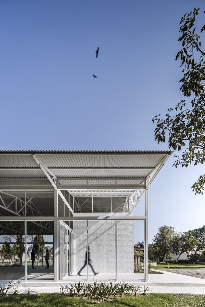 a person walking in front of a white building with a bird flying above the building