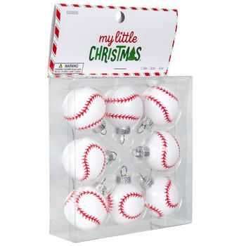 christmas ornaments in a clear box with red and white baseballs on the bottom one