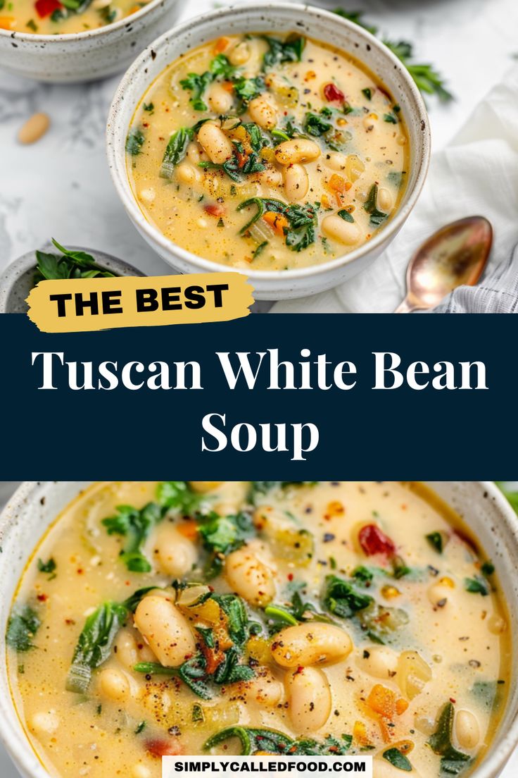 two bowls of tuscann white bean soup with spinach and chickpeas