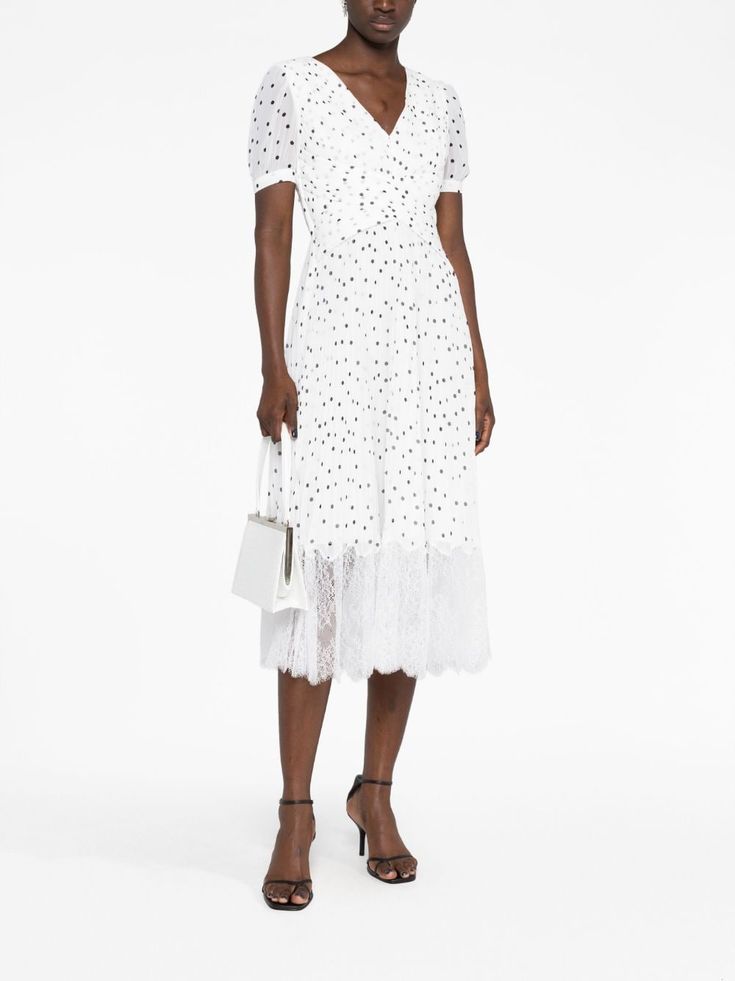 Self-Portrait lace-trim polka-dot Midi Dress - Farfetch Midi Dress White, Mid Length Skirts, White Midi Dress, Lace Panelled, Polka Dot Print, Black Polka Dot, Dot Print, Dress White, Self Portrait