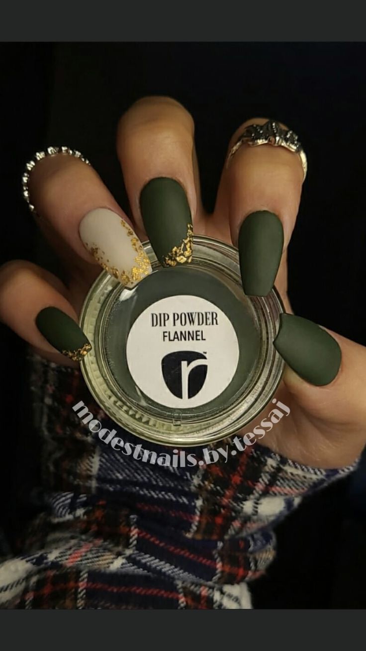 Nail Ideas For Autumn, Matte Green Nails, Matted Nails, Revel Nail Dip Powder, Revel Nail Dip, Emerald Nails, Revel Nail, Dark Green Nails, Gold Nail Designs