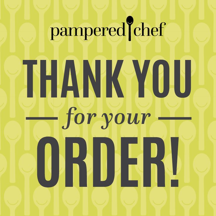 a yellow background with black lettering that says thank you for your order, pampered chef