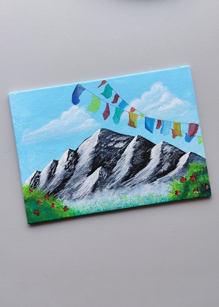 a painting of mountains with flags flying in the wind