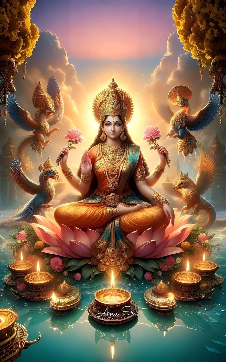 the goddess sitting on top of a lotus with candles in front of her and birds around her