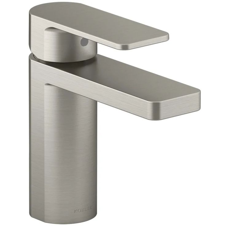 a brushed steel faucet with the handle extended to it's left side