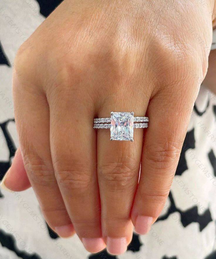 14k White Gold Plated 3.00CTW Radiant Certified VVS1 Moissanite Bridal Ring Set | eBay Gold Wedding Band With Radiant Cut Engagement Ring, Wedding Bands For Radiant Cut Rings, Square Radiant Engagement Ring, Rectangle Engagement Ring With Band, Wedding Band With Radiant Ring, Radiant Engagement Ring With Band, Radiant Wedding Ring Set, Rectangle Engagement Rings, Radiant Wedding Rings