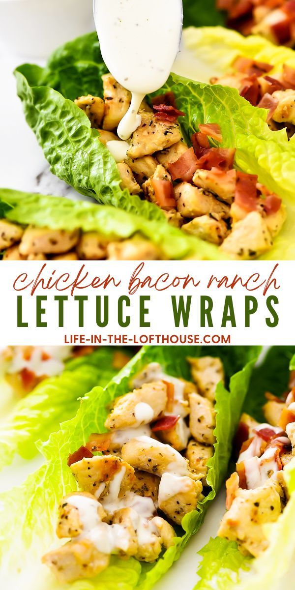 lettuce wraps with chicken and ranch dressing on top, in lettuce leaves