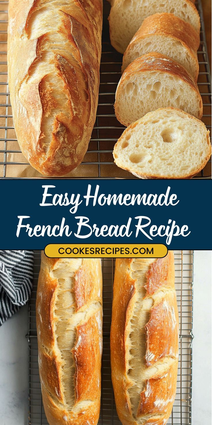 homemade french bread is cooling on a wire rack with the words easy homemade french bread recipe