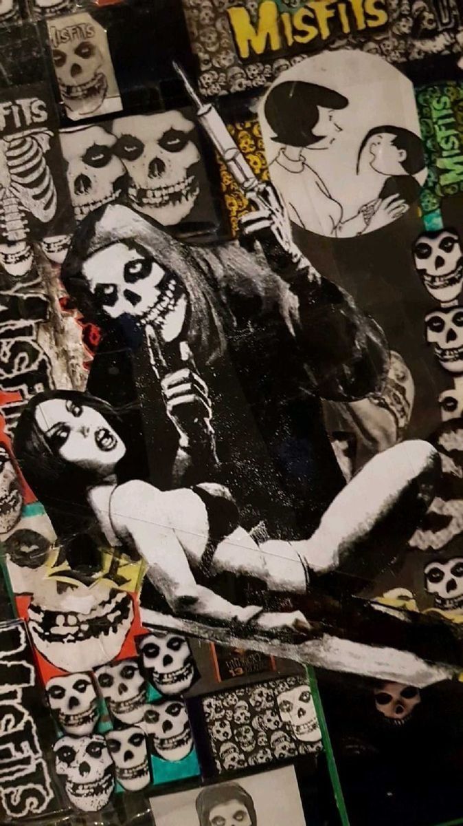 a collage of skulls and stickers on the side of a wall with an image of a woman holding a knife