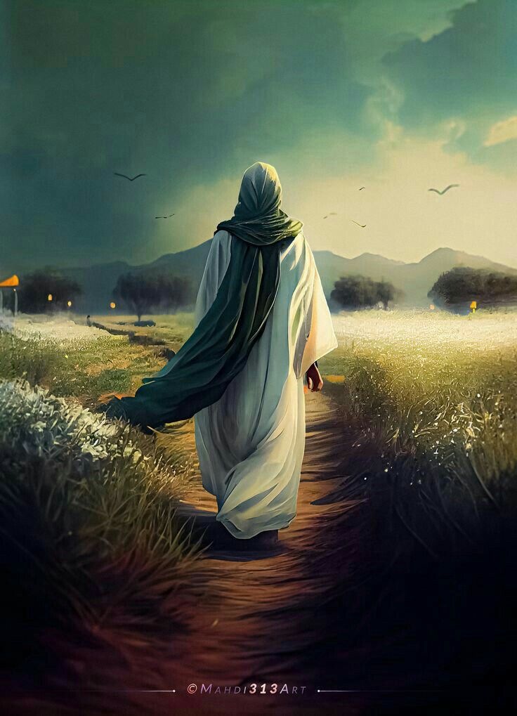 a painting of a person walking down a path in the middle of a grassy field