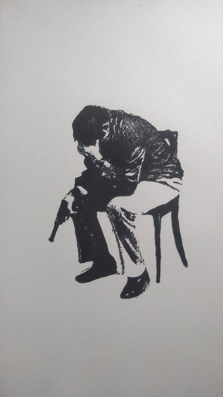 a black and white drawing of a person sitting on a chair