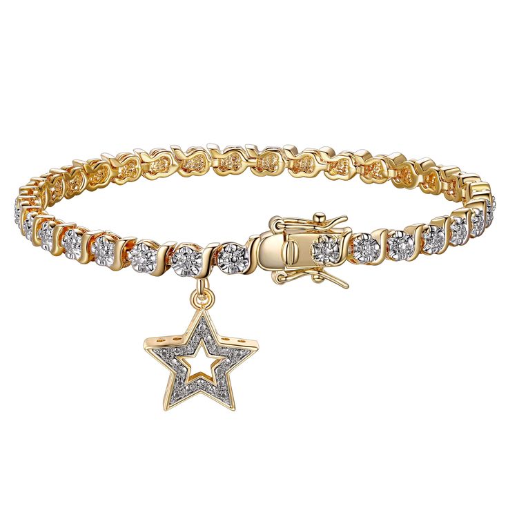 PRICES MAY VARY. STAR BRACELET: The star charm dangles from a diamond accented S-link chain which offers sparkle from every angle HYPOALLERGENIC: Carefully crafted in 18 karat yellow gold-plated bronze, Morgan & Paige tennis bracelets for women are ideal for those with sensitive skin DOUBLE LATCH CLOSURE: The double latch closure provides a secure fit. Wear your diamond accented tennis bracelet time and time again EASY GIFTING: This gold star bracelet comes in a chic, gift-ready box that is perf Gold Bracelets Stacked, Dope Jewelry Accessories, Jewelry Wardrobe, Jewelry Accessories Ideas, Gold Charm Bracelet, Dope Jewelry, Star Bracelet, Jewelry Lookbook, Fine Jewelry Bracelets