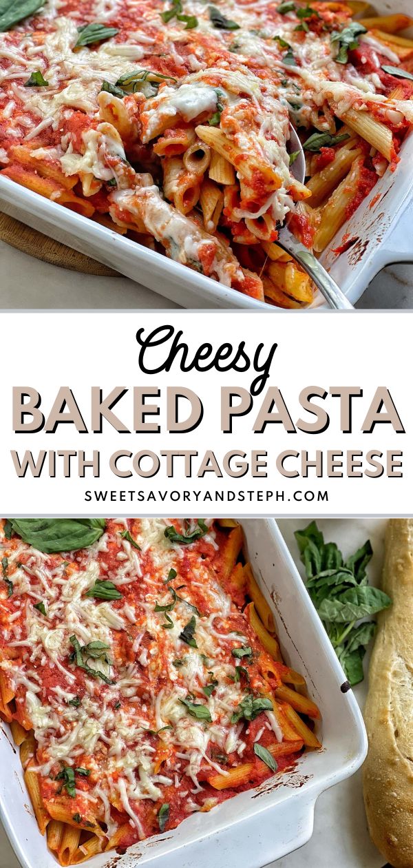 baked pasta with cottage cheese in a casserole dish