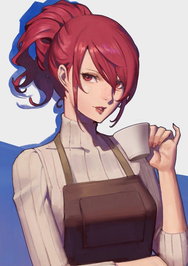 a woman with red hair holding a coffee cup