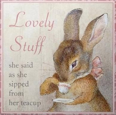 a painting of a rabbit holding a baby bunny in its lap with the words lovely stuff on it