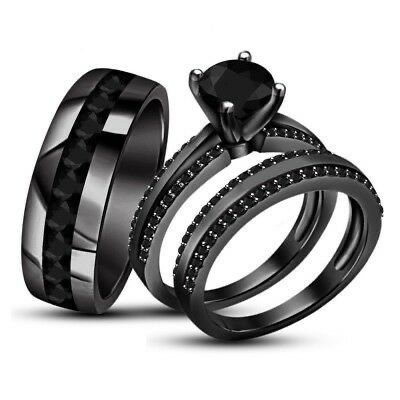 black diamond wedding ring set with matching band for him and her, made from stainless steel