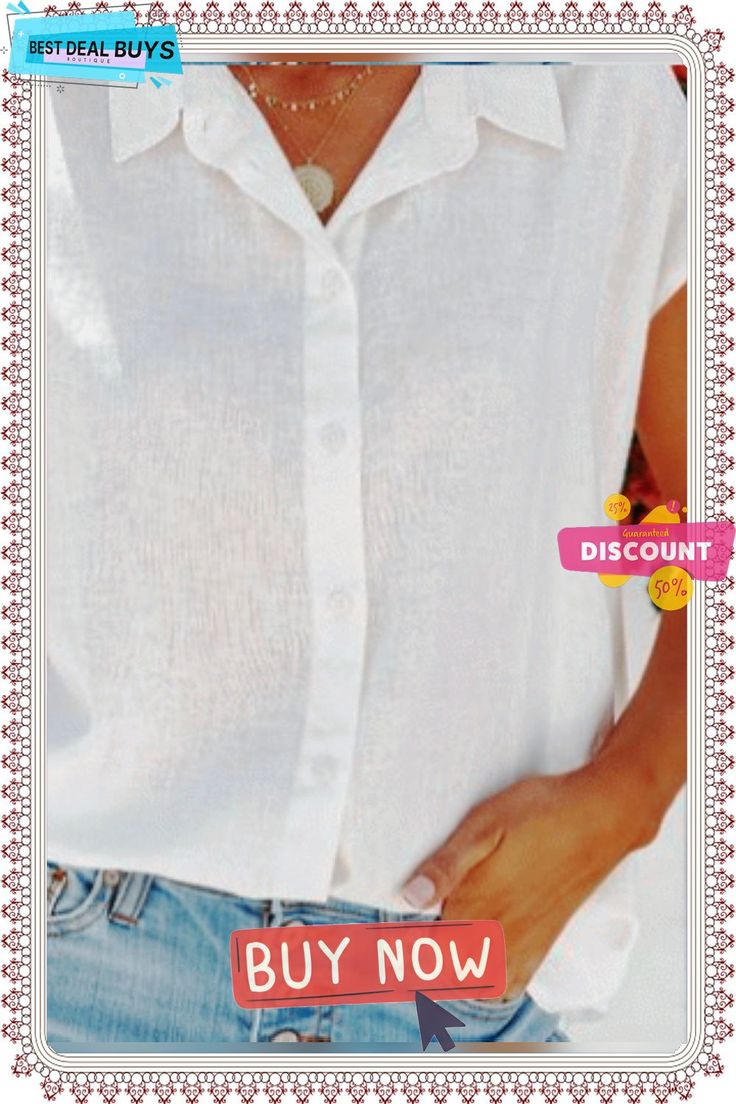 Shirt Collar Loose Plain Casual Blouse Collared Blouse For Vacation, Collared Solid Color Blouse For Vacation, Summer Collared Blouse With Button Closure, Summer Shirt With Collared Neckline For Daywear, Collared Summer Blouse With Buttons, White Collared Blouse For Summer, Summer Blouse With Button Closure And Collared Neckline, Solid Color Summer Blouse For Vacation, Spring Vacation Blouse With Collar