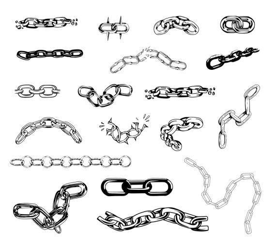 various chains and chains drawn in black ink on white paper