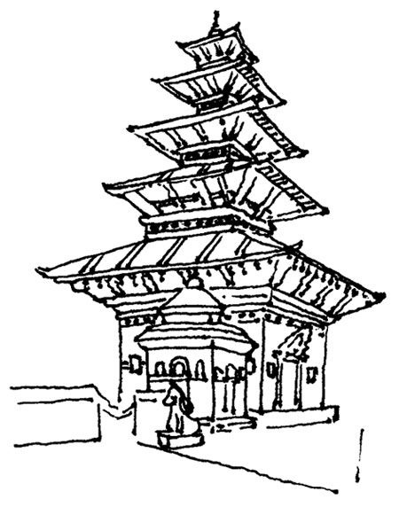 a drawing of a pagoda with people walking around it