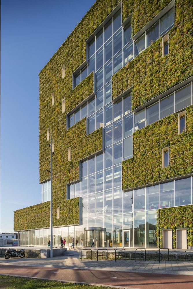 an office building covered in green plants on the side of it's face and windows