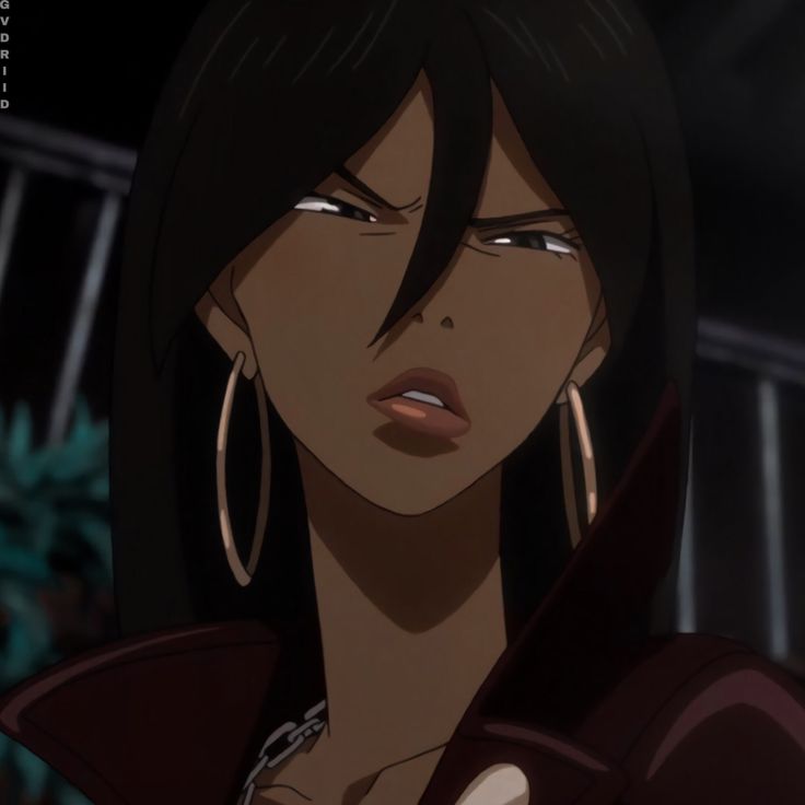 an anime character with black hair and large hoop earrings