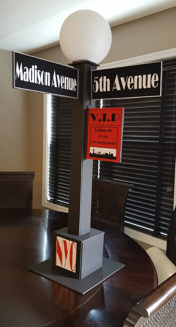 there are two street signs on top of the pole in this dining room table and chairs