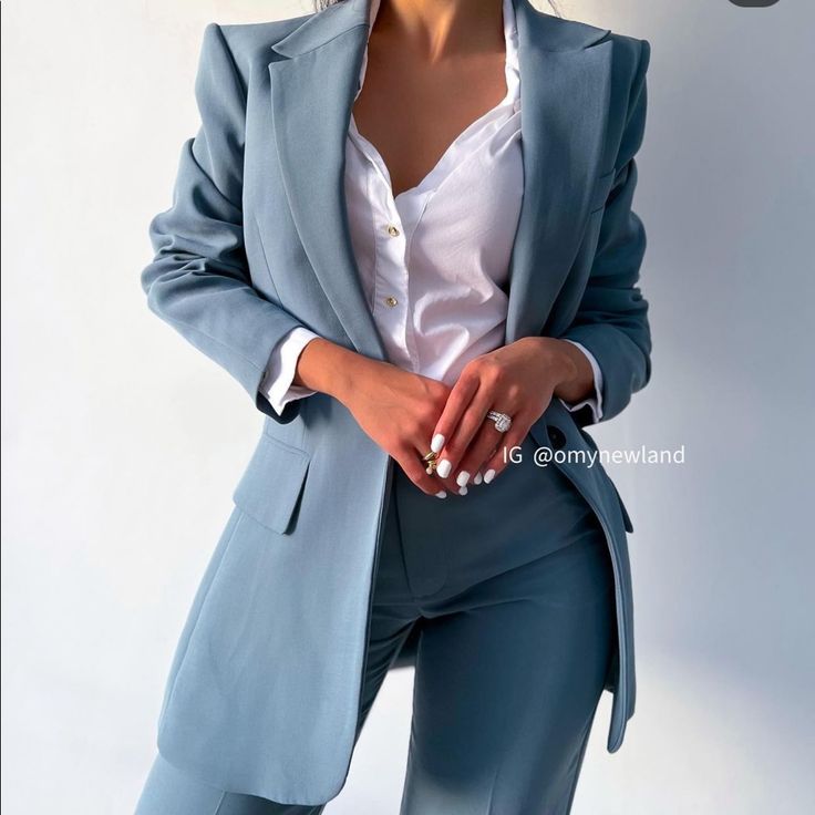 Polyester Only Blazer Blue/Gray Elegant Light Blue Blazer For Work, Elegant Light Blue Blazer For Workwear, Chic Blue Suit With Lapel Collar, Spring Gray Suit For Work, Spring Gray Suits For Workwear, Tailored Light Blue Blazer For Work, Spring Gray Workwear Suits, Chic Blue Blazer For Work, Chic Blue Blazer For Workwear