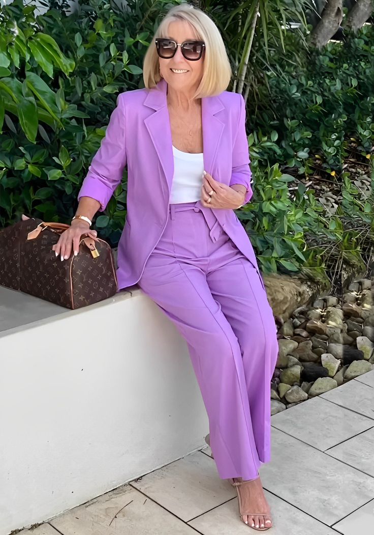 Type: Suit trouser setFabric: cotton blendColour: PurpleStyle: ElegantSleeve length: Long sleeveCollar type: Suit collarTrouser length: Long trousersTrouser waist: Belted design in the same colourVersion: Loose fitting versionSizeUSUKEURBustLengthPants lengthwaistlineCMinchCMinchCMinchCMinchS4-6103610039.377529.539637.86625.98M8-10123810440.947629.929738.197027.56L12-14144010842.527730.319838.587429.13XL16-18164211244.097830.719938.987830.71XXL20-22184411645.677931.110039.378232.283XL24-26204612047.248031.510139.768633.86Manual measurement, 2-4CM error due to different measurement methods is normal Long Sleeve Office Sets With Pockets, Long Sleeve Pant Set With Pockets For Work, Solid Color Workwear Pant Set With Pockets, Solid Long Sleeve Pant Set For Workwear, Long Sleeve Sets With Pockets For Office, Office Wear Sets With Pockets And Long Sleeves, Solid Color Sets For Business Casual In Spring, Solid Color Business Casual Sets For Spring, Spring Office Sets With Pockets