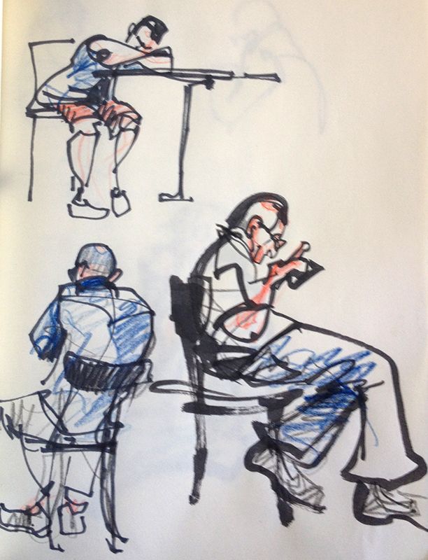 a drawing of two people sitting at a table and one is using a cell phone