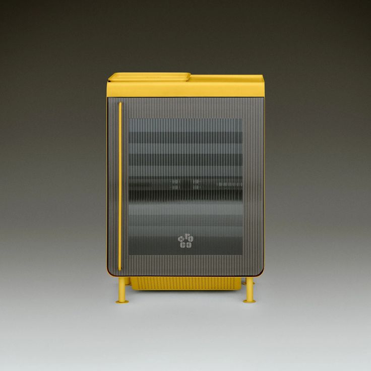 a yellow and gray cabinet with two doors on each side, in front of a grey background