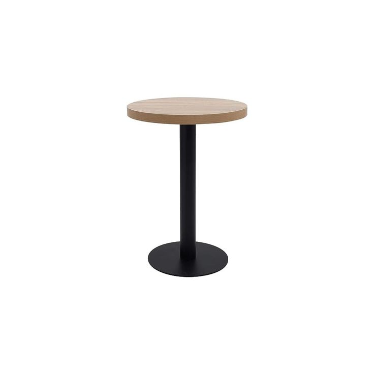 a round table with a black base and a wooden top on an isolated white background