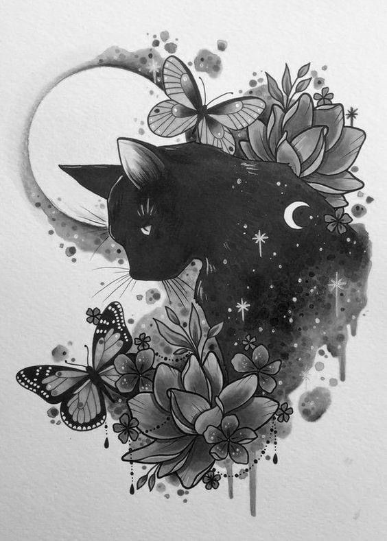 a black cat with flowers and butterflies on it's head, next to the moon