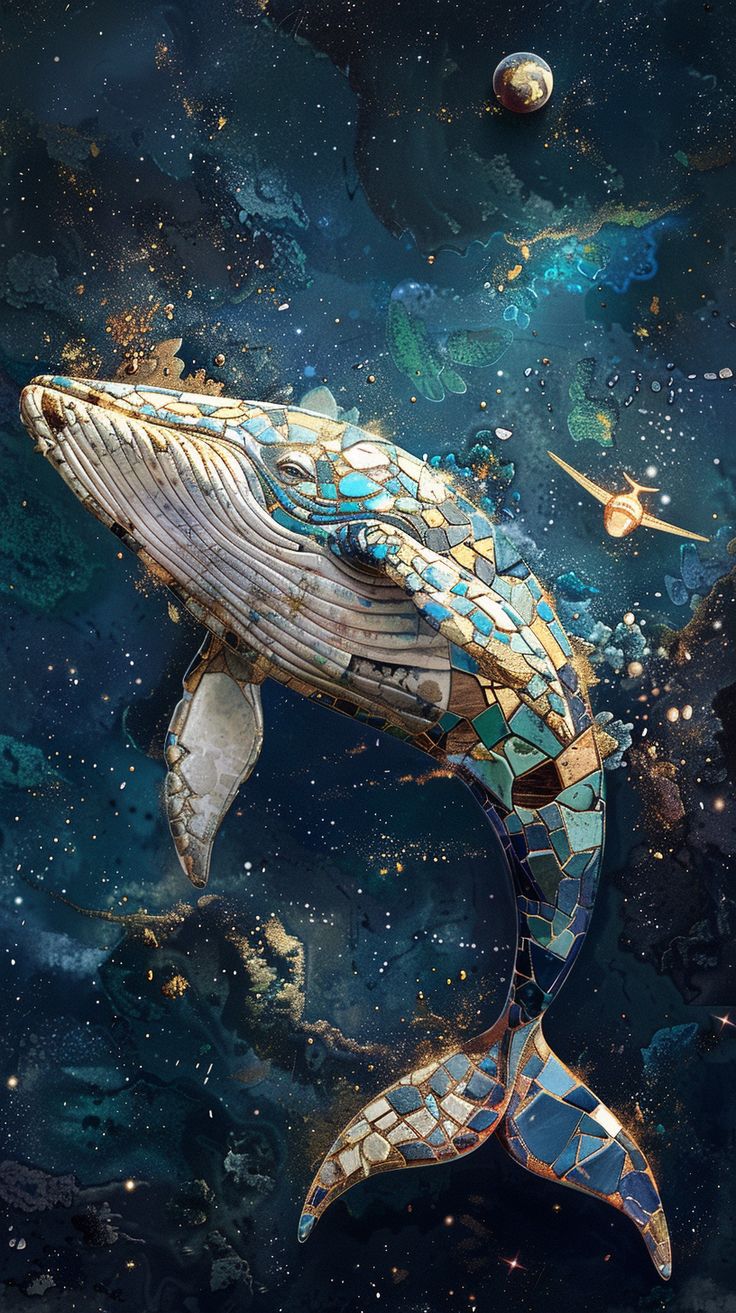 Whale Made of Broken China in Space Space Whale Aesthetic, Jonas And The Whale, Whales In Space, Imaginative Composition Art, Space Whale Art, Whale Astronaut, Humpback Whale Art, Space Backdrop, Flying Whale