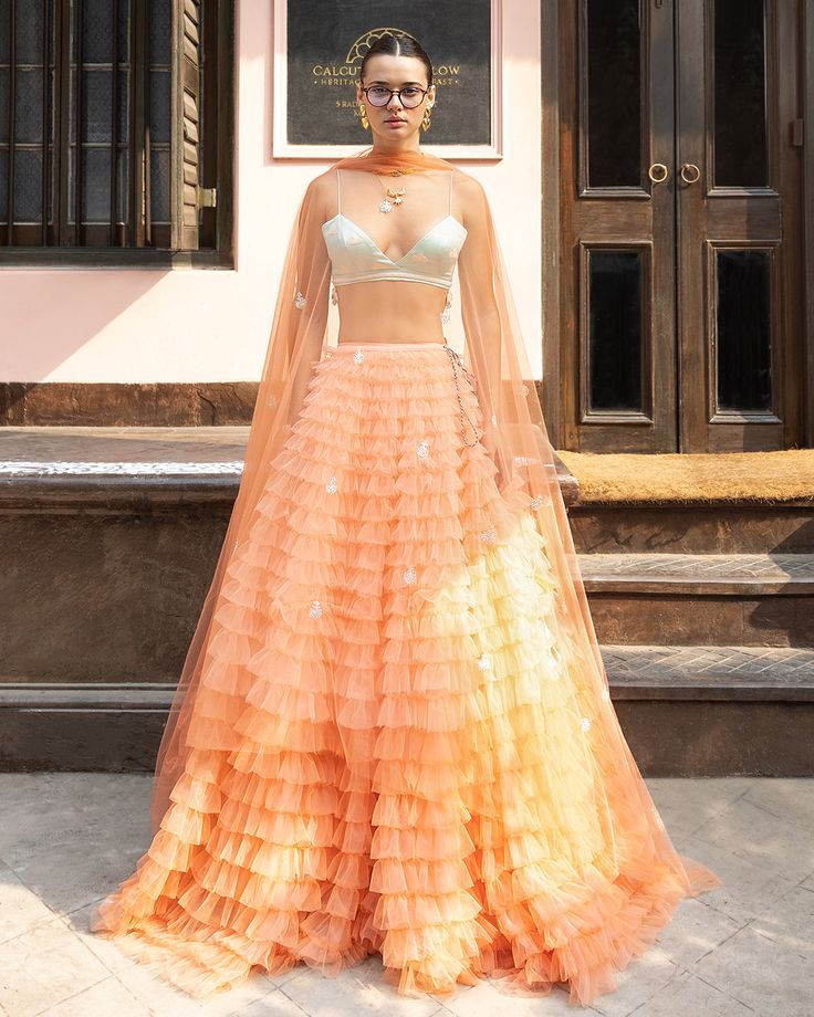 Tulle Lehenga Skirts, Tulle Lehenga, Ruffle Lehenga, Western Lehenga, Fashion Week Dresses, Coral Ombre, Silk Bralette, Dori Work, Bardot Style